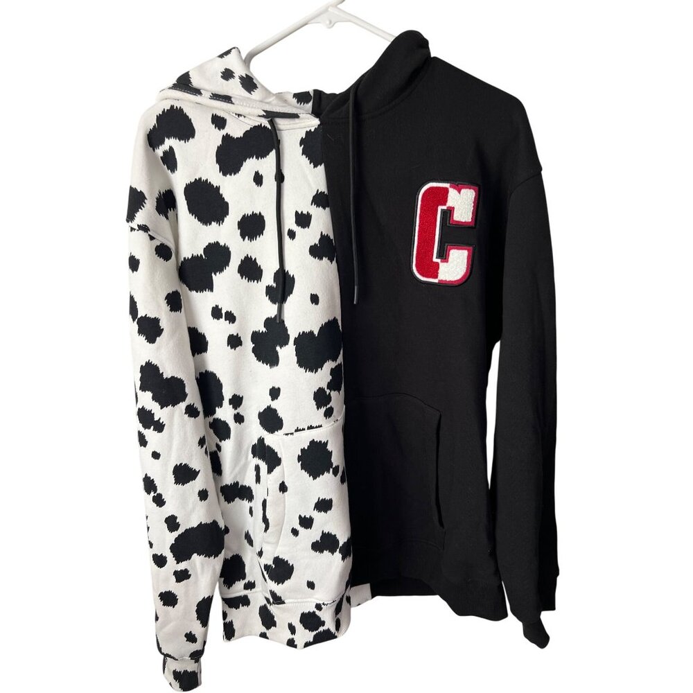 Disney Forever 21 Mens Cruella De Vil Black & White Cow Print Split Hoodie Size